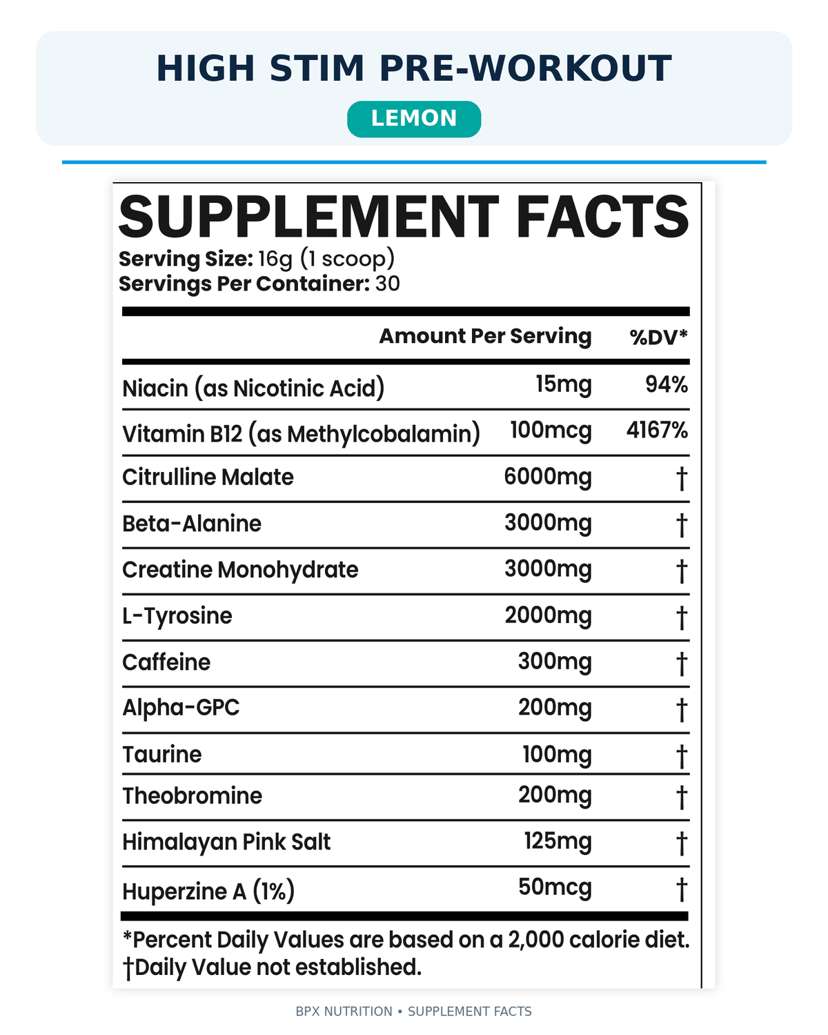 BPX High Stim Pre-Workout 300mg caffeine – Lemon, supplement facts