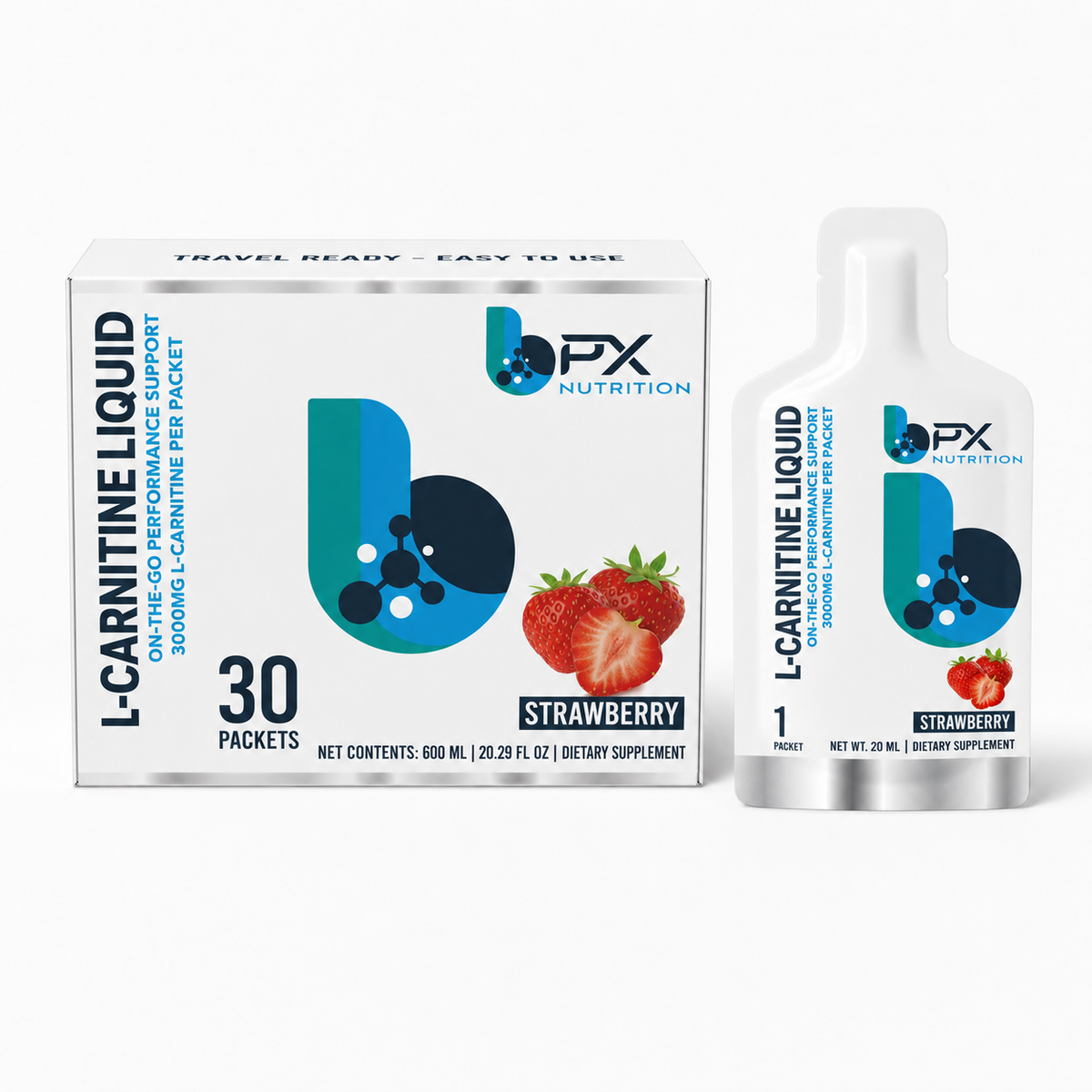 BPX L-Carnitine Liquid 3,000 mg packets – Strawberry, box and packets